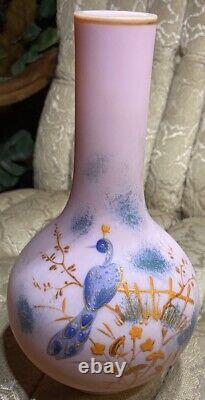 Art Deco Gundersen Peachblock Pink Glass Vase Hand Painted Peacock Design 8 3/4