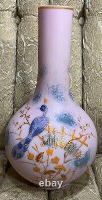 Art Deco Gundersen Peachblock Pink Glass Vase Hand Painted Peacock Design 8 3/4