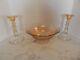 Art Deco Iridescent Pink And Gold Depression Glass Console Bowl & Candle Holders