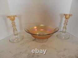 Art Deco Iridescent Pink And Gold Depression Glass Console Bowl & Candle Holders