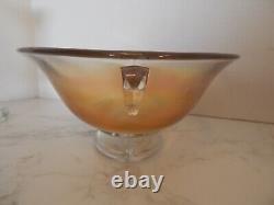 Art Deco Iridescent Pink And Gold Depression Glass Console Bowl & Candle Holders