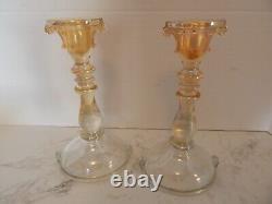 Art Deco Iridescent Pink And Gold Depression Glass Console Bowl & Candle Holders