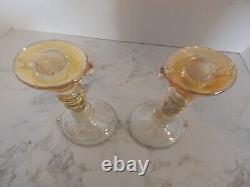 Art Deco Iridescent Pink And Gold Depression Glass Console Bowl & Candle Holders