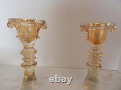 Art Deco Iridescent Pink And Gold Depression Glass Console Bowl & Candle Holders