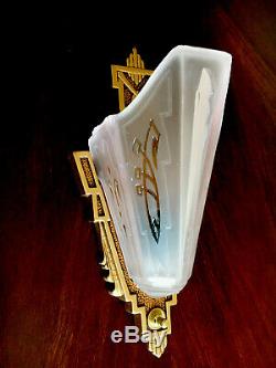 Art Deco Markel Antique Acid Etched Pink Slip Shade Glass Wall Sconce Fixture