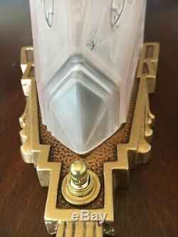 Art Deco Markel Antique Acid Etched Pink Slip Shade Glass Wall Sconce Fixture