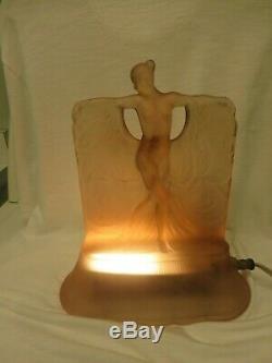Art Deco McKee Glass Danse De Lumiere Nude Figure Lamp Pink c1930 Lalique Style