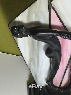 Art Deco Nude Couple Silhouette Metal Table Lamp White Pink Slag Glass Shade Vtg
