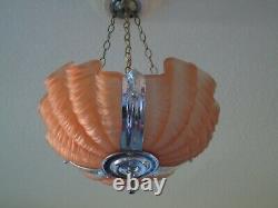 Art Deco Odeon Clamshell Ceiling Light Pink Glass and Chrome Frame with Chains