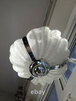 Art Deco Odeon Clamshell Ceiling Light Pink Glass and Chrome Frame with Chains