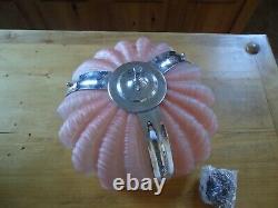 Art Deco Odeon Clamshell Ceiling Light Pink Glass and Chrome Frame with Chains