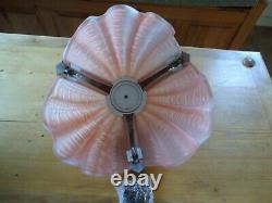 Art Deco Odeon Clamshell Ceiling Light Pink Glass and Chrome Frame with Chains