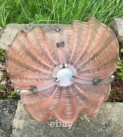 Art Deco Odeon Pink Glass Three Clam Shell Ceiling Pendant Light Shade Chrome