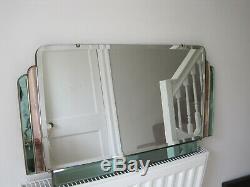 Art Deco Overmantel Mirror Curved Top Corners Pink and Green Accent Glass