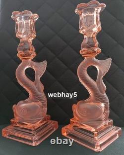 Art Deco Pink Clear &Frosted Glass Pair of Dolphin Candlesticks