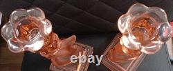 Art Deco Pink Clear &Frosted Glass Pair of Dolphin Candlesticks
