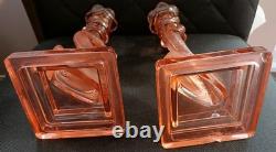 Art Deco Pink Clear &Frosted Glass Pair of Dolphin Candlesticks