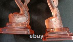Art Deco Pink Clear &Frosted Glass Pair of Dolphin Candlesticks