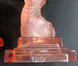 Art Deco Pink Clear &Frosted Glass Pair of Dolphin Candlesticks