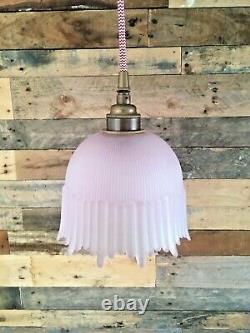 Art Deco Pink Frosted Drip Ribbed Holophane Teardrop Glass Ceiling Light Shade