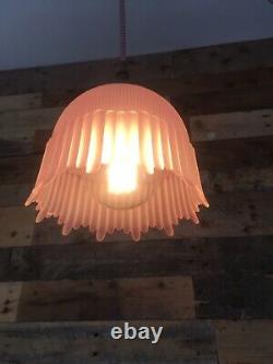 Art Deco Pink Frosted Drip Ribbed Holophane Teardrop Glass Ceiling Light Shade