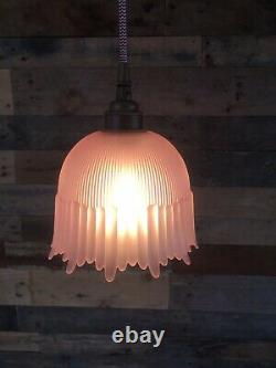 Art Deco Pink Frosted Drip Ribbed Holophane Teardrop Glass Ceiling Light Shade