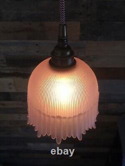 Art Deco Pink Frosted Drip Ribbed Holophane Teardrop Glass Ceiling Light Shade