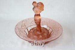 Art Deco Pink Glass Czech Centrepiece Bowl with Lady Figure