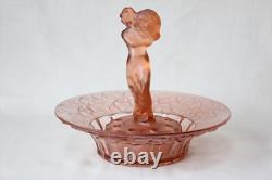 Art Deco Pink Glass Czech Centrepiece Bowl with Lady Figure