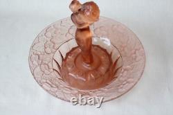 Art Deco Pink Glass Czech Centrepiece Bowl with Lady Figure