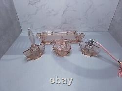 Art Deco Pink Glass Dressing Table Set C35