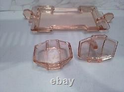 Art Deco Pink Glass Dressing Table Set C35