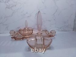 Art Deco Pink Glass Dressing Table Set C35