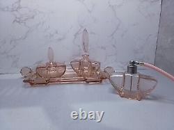 Art Deco Pink Glass Dressing Table Set C35