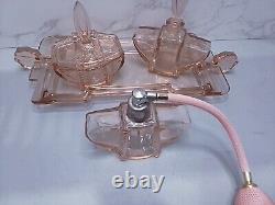 Art Deco Pink Glass Dressing Table Set C35