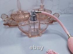 Art Deco Pink Glass Dressing Table Set C35