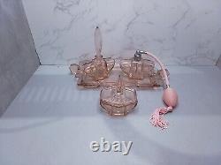 Art Deco Pink Glass Dressing Table Set C35