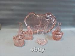 Art Deco Pink Glass Dressing Table Set. (Samuel Reich)