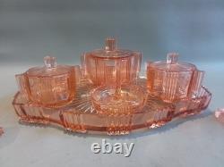 Art Deco Pink Glass Dressing Vanity Set STOELZLE czechoslovakian 1930s
