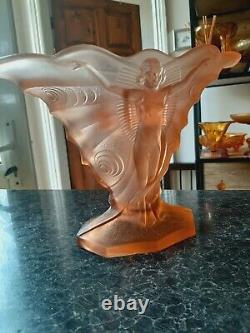 Art Deco Pink frosted glass Schmetterling vase and frog