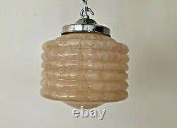 Art Deco Ribbed Pink Marbled Glass Pendant Light C. 1930