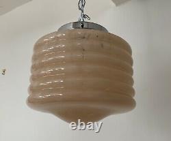 Art Deco Ribbed Pink Marbled Glass Pendant Light C. 1930