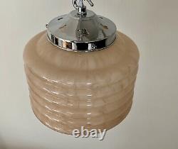 Art Deco Ribbed Pink Marbled Glass Pendant Light C. 1930