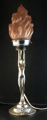 Art Deco Stepped Chrome Nude Lady Diana Lamp & Pink Flame Glass Light Shade