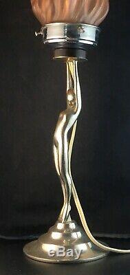 Art Deco Stepped Chrome Nude Lady Diana Lamp & Pink Flame Glass Light Shade