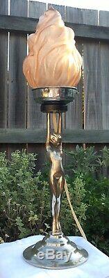 Art Deco Stepped Chrome Nude Lady Diana Lamp & Pink Flame Glass Light Shade