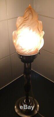 Art Deco Stepped Chrome Nude Lady Diana Lamp & Pink Flame Glass Light Shade