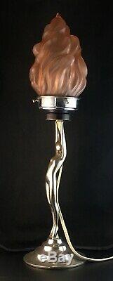 Art Deco Stepped Chrome Nude Lady Diana Lamp & Pink Flame Glass Light Shade