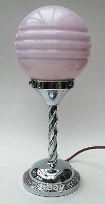 Art Deco Table Lamp Chrome Swirl Stem Base with Pink Glass Globe Shade 36cm High