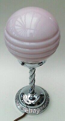 Art Deco Table Lamp Chrome Swirl Stem Base with Pink Glass Globe Shade 36cm High